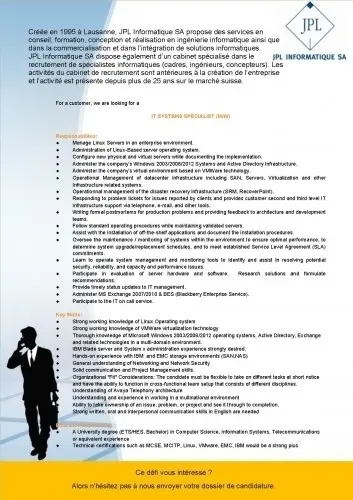  IT Systems Specialist (M/W)  à st-sulpice