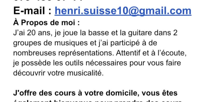 Cours de Guitare et Basse 50CHF/h