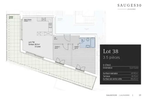 A louer - Appt neuf en attique de 70m2 + terrasse de 47m2 à Lausanne