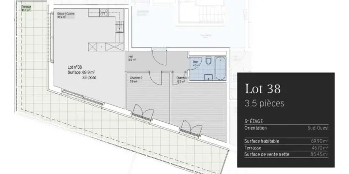 A louer - Appt neuf en attique de 70m2 + terrasse de 47m2