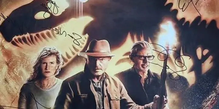 Jurassic World Dominion.  Poster dédicacé par tout les acteurs du film