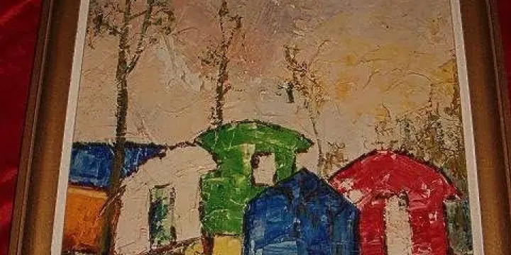 Peinture Un camp avec des caravanes de P. Marchal