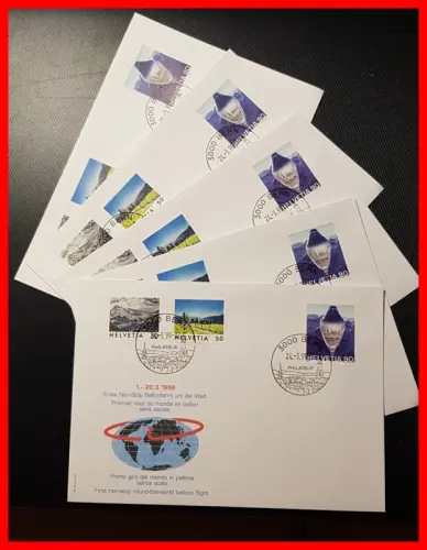 5 enveloppes du 1er tour du monde en ballon à Cernier