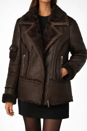 Madelaine - Blouson aviateur en peau lainée marron à Neuchâtel