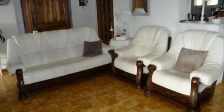 Salon cuir blanc et bois