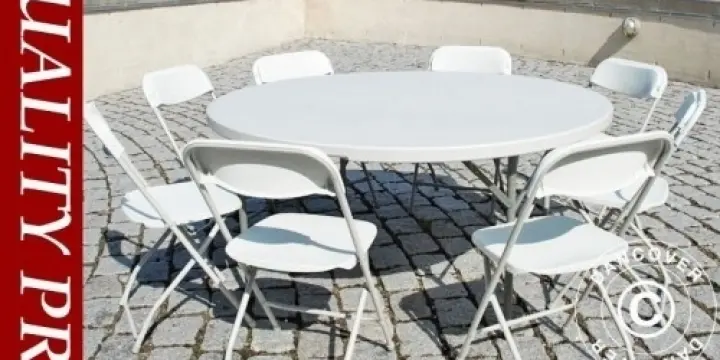 Klapptisch - Ø 152cm + 8 Klappstühle, Hellgrau/Weiß